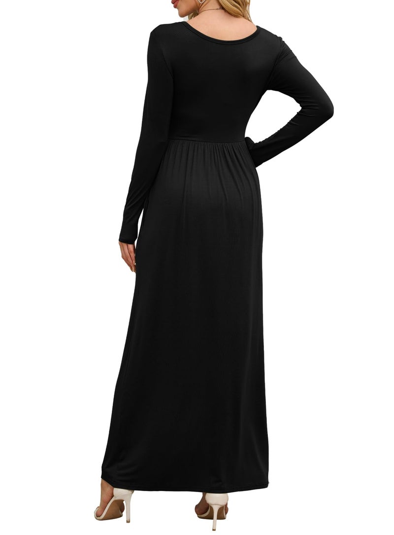 DEARCASE Maxi Dress for Women Black Large Round Neck Long Sleeves Wedding Guest A-line Plain Casual Empire Waist Flowy Party Vintage Spring Fall Winter Floor Dresses with Pocket - Image 3